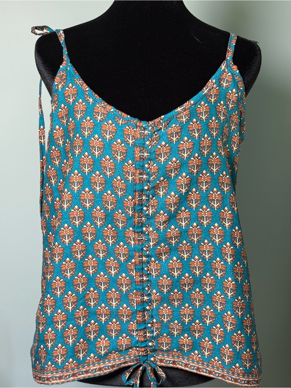 NWT 100% Silk Teal and Gold Floral-Print Tie-Front Tank with adjustable straps